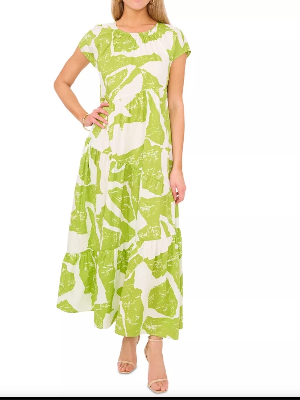 1 State Fresh Leaf Print Green and White Maxi Dress